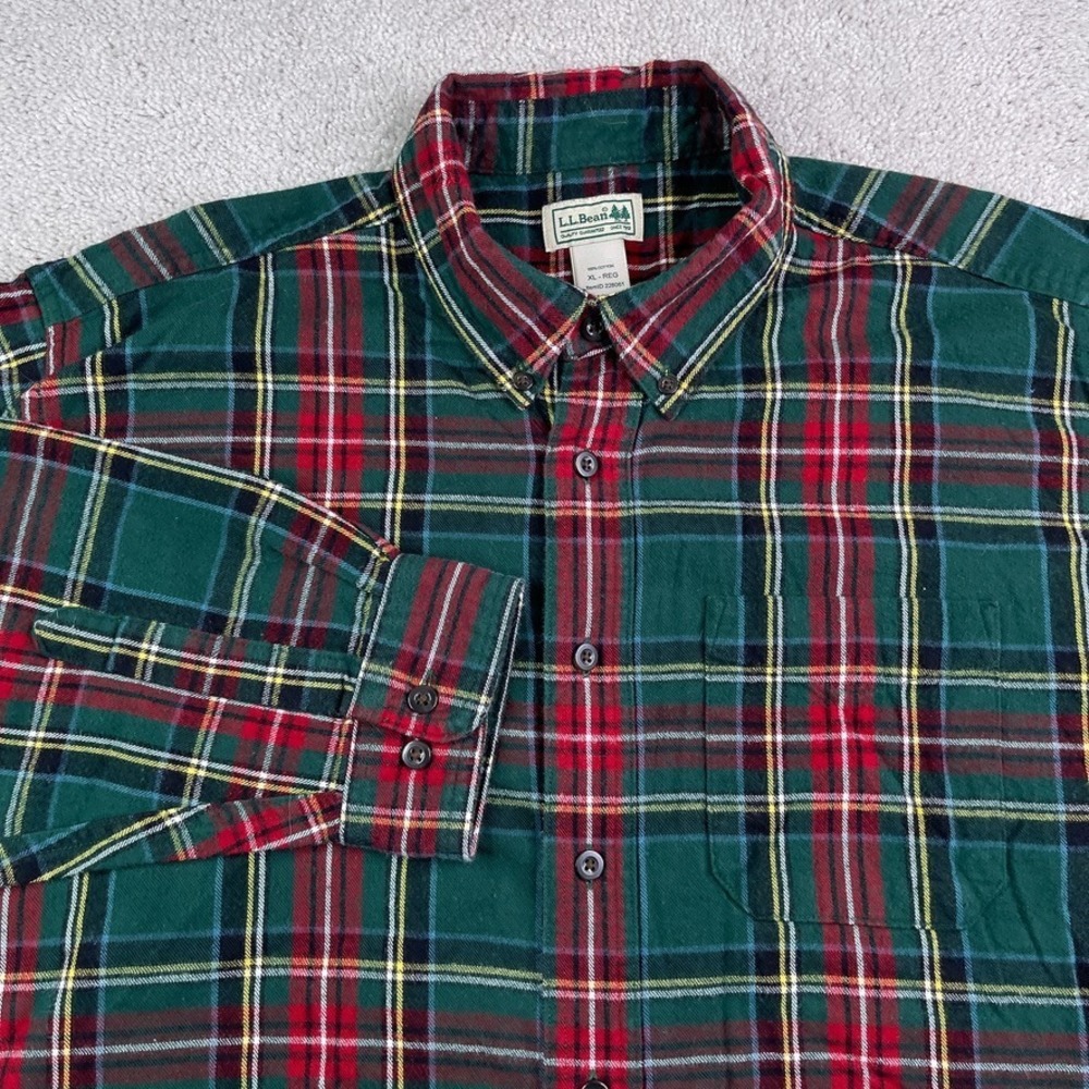 LL Bean Shirt Mens XL Green Red Scotch Plaid Flannel Traditional Fit Casual